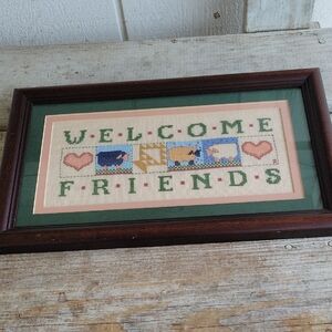 Welcome Friends Framed Completed Cross-Stitch Decor Sheep Hearts Vintage